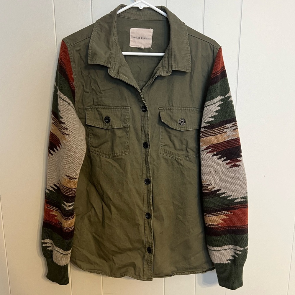 Thread & Supply olive green‎ jacket with Aztec sleeves M